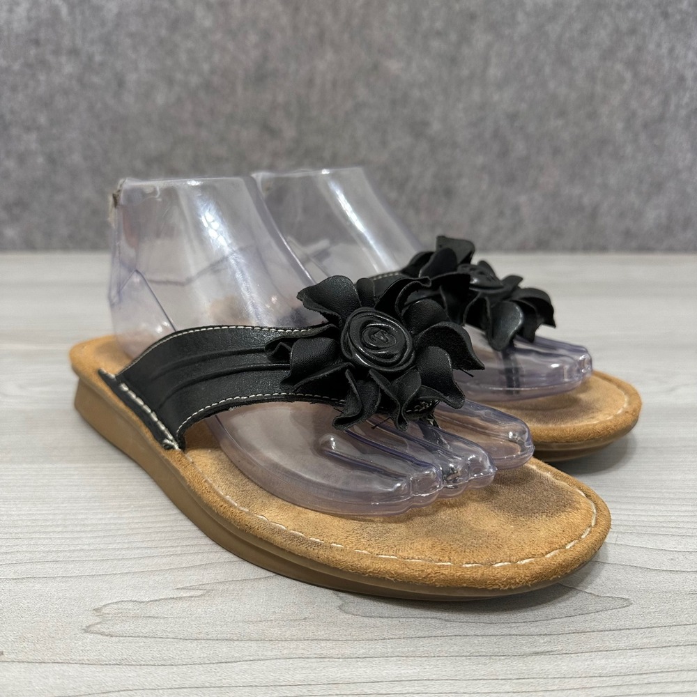 Natural Soul Demi Thong‎ Sandals Women 8 Black Floral Rosette Leather Comfort